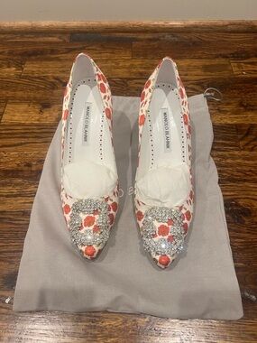 Manolo Blahnik White Pumps with Red Floral Print and Crystal Buckle